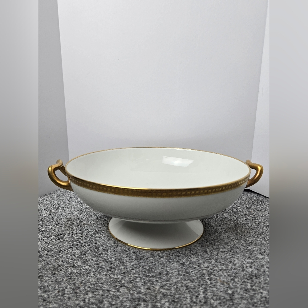 Haviland Limoges France Footed Double Handle Bowl Gold Gilt Rim Porcelain Dish